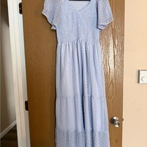 Light Blue Smocked Swiss Dot Maxi Dress | Puff Sleeve Tiered Midi/Maxi Dress